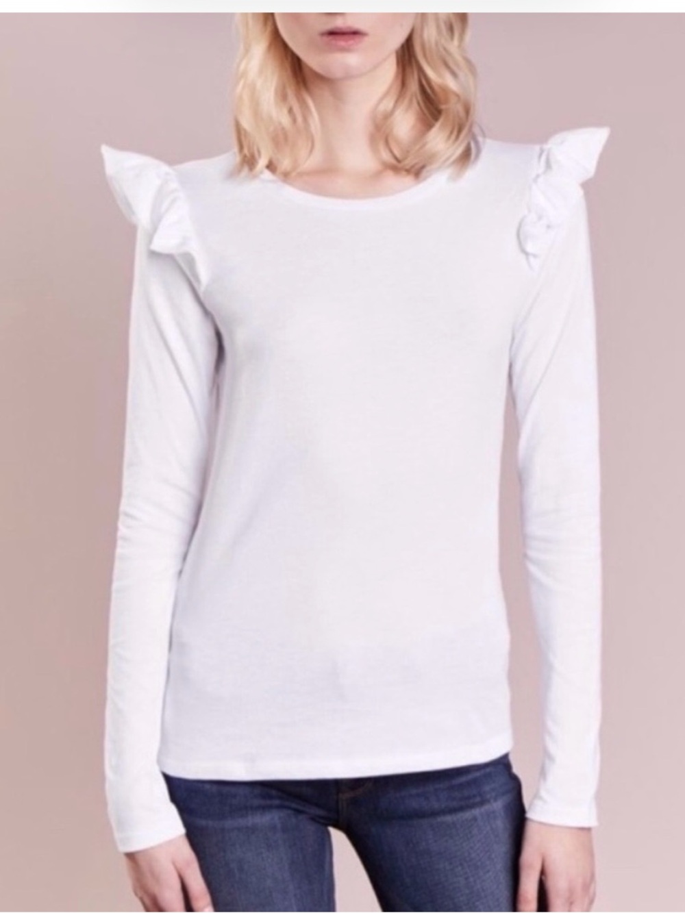 FRAME Ruffle‎ Crew Long Sleeve Tee Pink Cotton Size S Romantic Balletcore